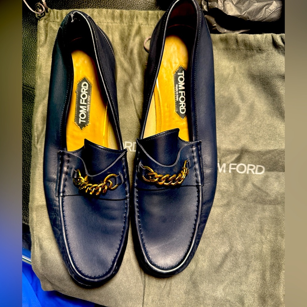 TOM FORD Men’s loafers - navy leather and gold chain detail